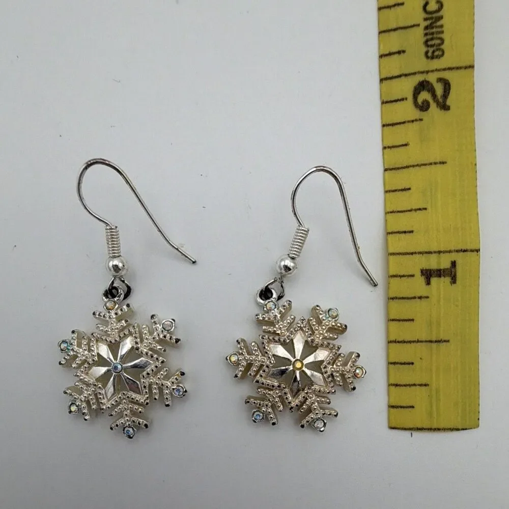 Silver Tone Snowflake Crystal Dangle Drop Earrings Hook Closure 1.5